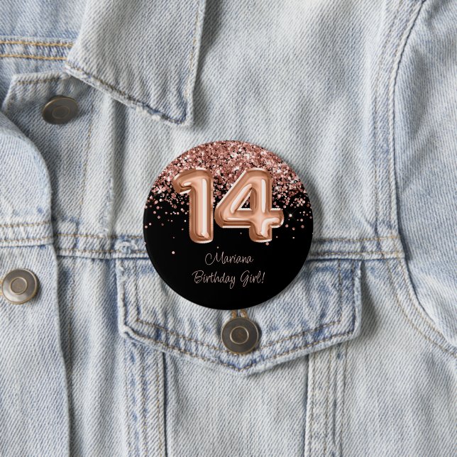Rose Gold Black 14th Birthday Party Button (In Situ)