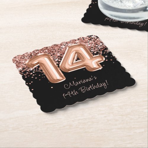 Rose Gold Black 14th Birthday Party Paper Coaster