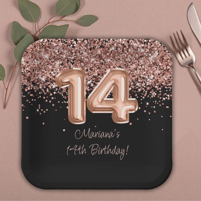 Rose Gold Black 14th Birthday Party Paper Plates (Creator Uploaded)