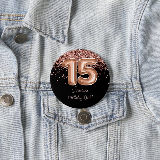 Rose Gold Black 15th Birthday Party Button (In Situ)