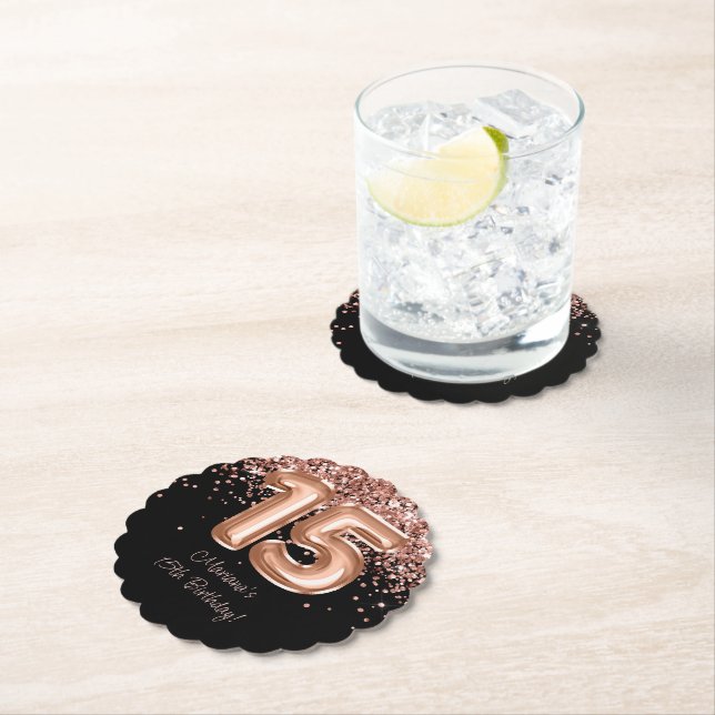 Rose Gold Black 15th Birthday Party Paper Coaster (Insitu)