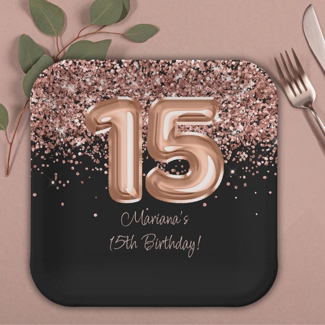 Rose Gold Black 15th Birthday Party Paper Plates (Creator Uploaded)