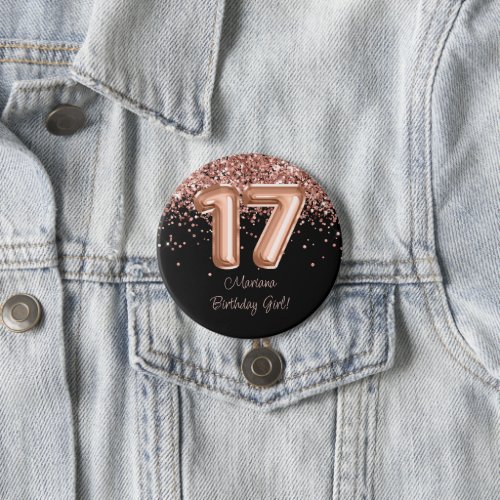 Rose Gold Black 17th Birthday Party Button