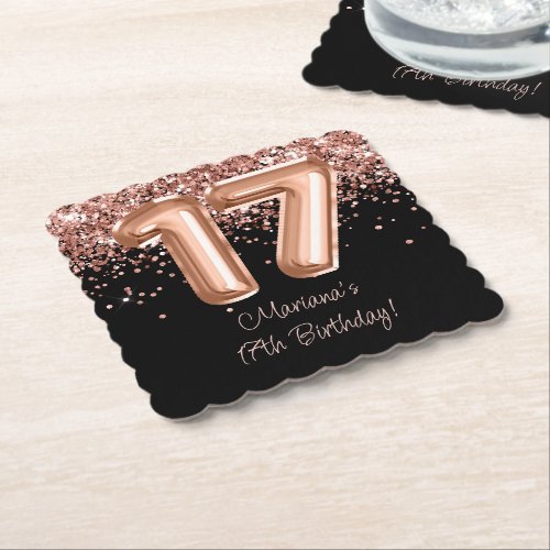  Rose Gold Black 17th Birthday Party Paper Coaster