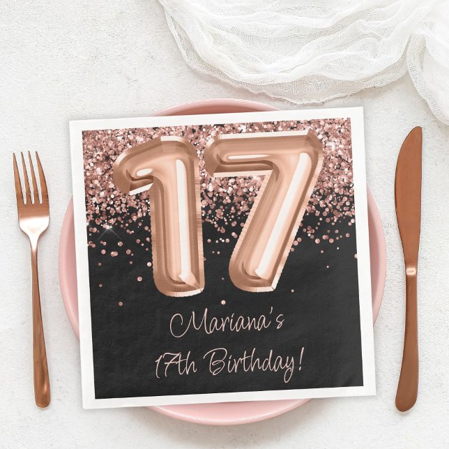 Rose Gold Black 17th Birthday Party Paper Dinner Napkins (Creator Uploaded)