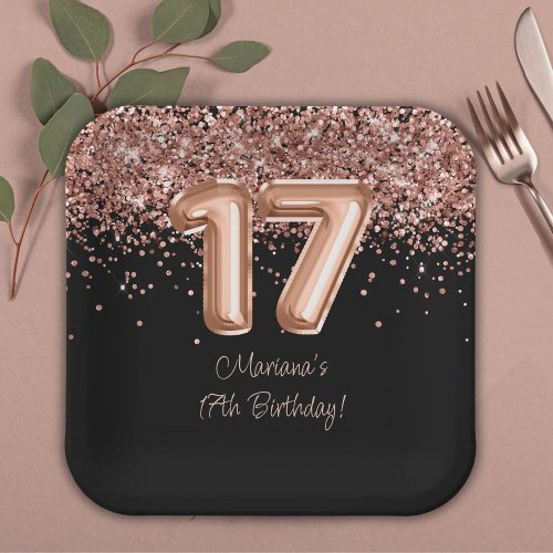 Rose Gold Black 17th Birthday Party Paper Plates
