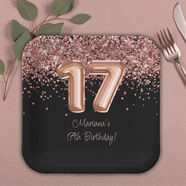 Rose Gold Black 17th Birthday Party Paper Plates (Creator Uploaded)