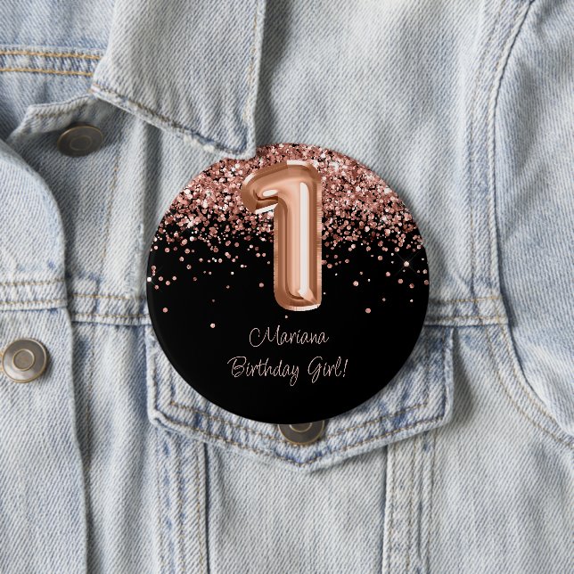 Rose Gold Black 1st Birthday Party Button (In Situ)