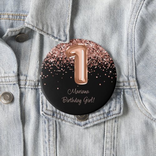 Rose Gold Black 1st Birthday Party Button