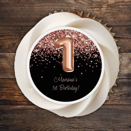 Rose Gold Black 1st Birthday Party Edible Frosting Rounds