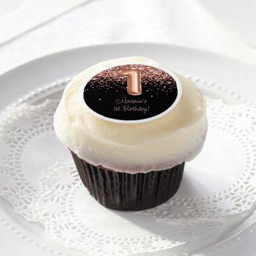 Rose Gold Black 1st Birthday Party Edible Frosting Rounds