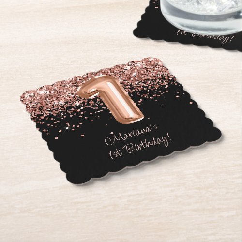  Rose Gold Black 1st Birthday Party Paper Coaster