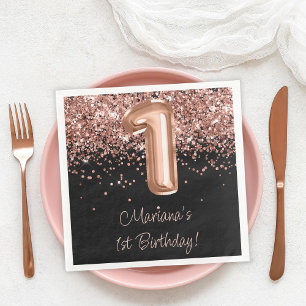 Rose Gold Black 1st Birthday Party Paper Dinner Napkins