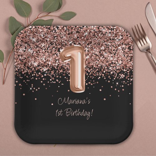  Rose Gold Black 1st Birthday Party Paper Plates