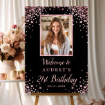 Rose Gold Black 21st Birthday Photo Welcome Foam Board<br><div class="desc">Elegant Modern Sparkle Rose Gold Glitter Black Personalized Photo 21st Birthday Welcome Foam Board. This Girly Adult feminine (any age) Birhday party sign featuring an elegant hand lettered calligraphy script and rose gold diamond glitter frame on black background. Ideal for a feminine adult milestone birthday celebration, this invitation perfectly captures...</div>
