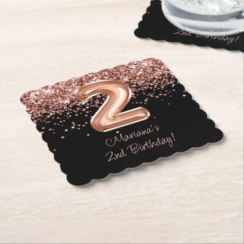  Rose Gold Black 2nd Birthday Party Paper Coaster