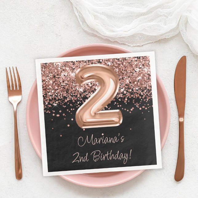  Rose Gold Black 2nd Birthday Party Paper Dinner Napkins (Creator Uploaded)