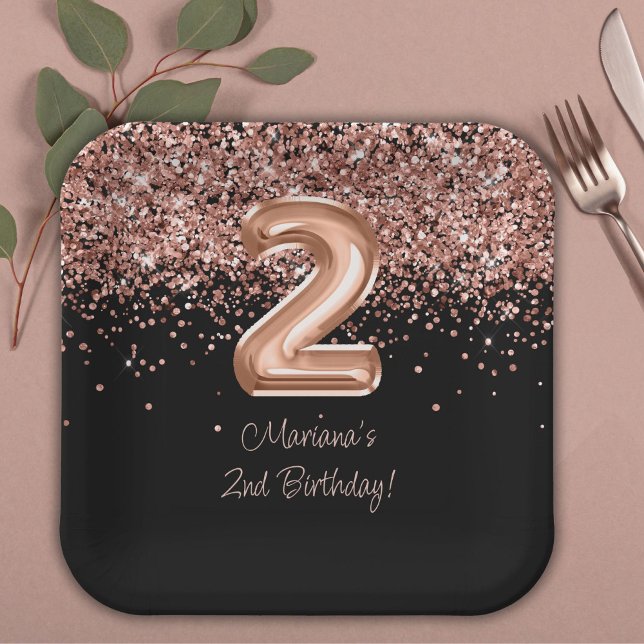  Rose Gold Black 2nd Birthday Party Paper Plates (Creator Uploaded)
