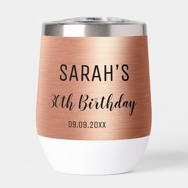Rose Gold Black 30th Birthday Party Elegant  Thermal Wine Tumbler (Front)