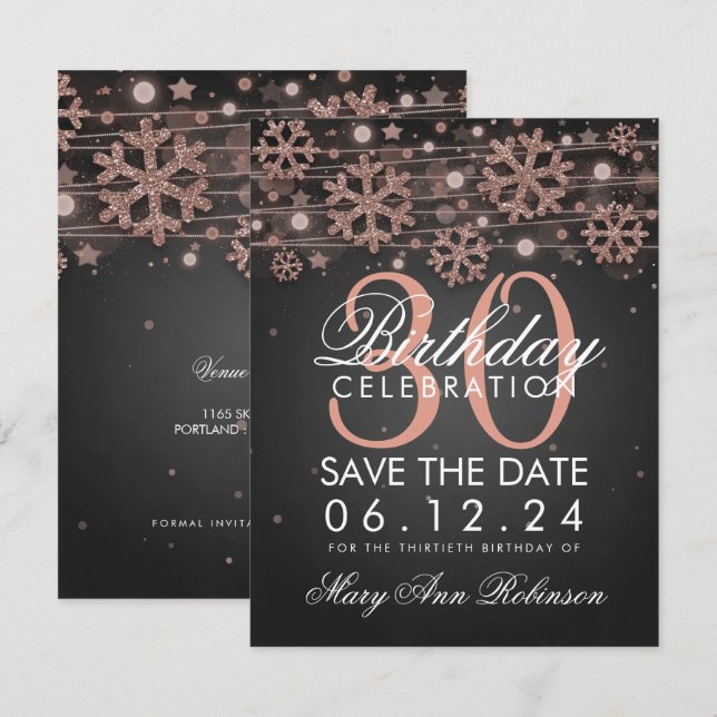 Rose Gold Black 30th Birthday Save Date Winter Invitation (Front/Back)