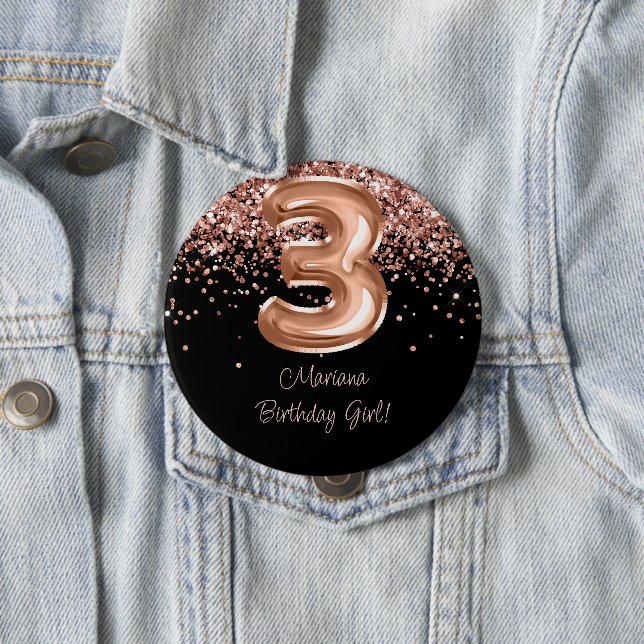Rose Gold Black 3rd Birthday Party Button (In Situ)