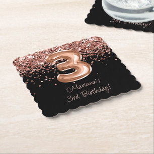 Rose Gold Black 3rd Birthday Party Paper Coaster