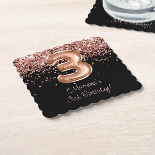  Rose Gold Black 3rd Birthday Party Paper Coaster