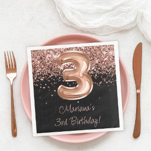  Rose Gold Black 3rd Birthday Party Paper Dinner Napkins