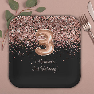 Rose Gold Black 3rd Birthday Party Paper Plates