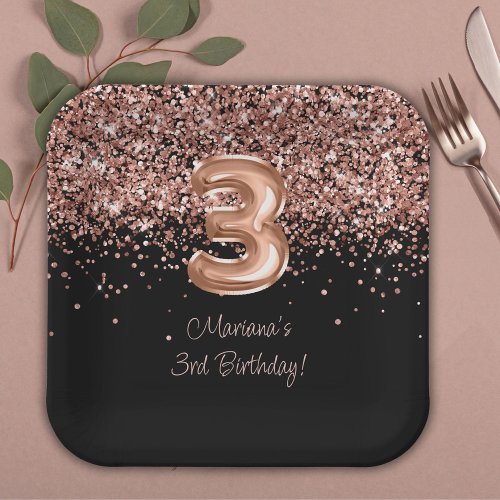  Rose Gold Black 3rd Birthday Party Paper Plates