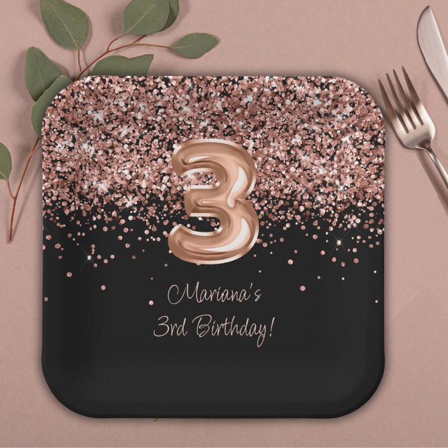  Rose Gold Black 3rd Birthday Party Paper Plates (Creator Uploaded)