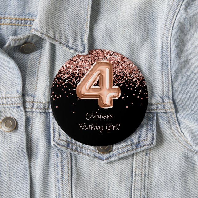 Rose Gold Black 4th Birthday Party Button (In Situ)