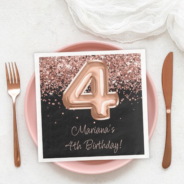  Rose Gold Black 4th Birthday Party Paper Dinner Napkins (Creator Uploaded)
