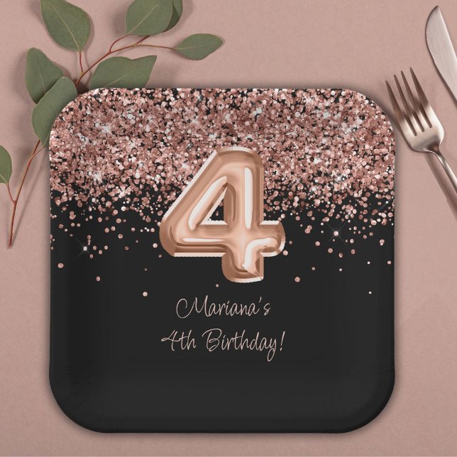  Rose Gold Black 4th Birthday Party Paper Plates (Creator Uploaded)