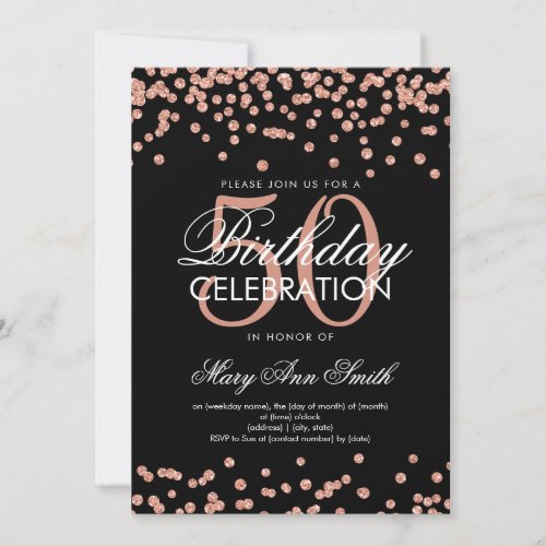 Rose Gold Black 50th Birthday Glitter Confetti Invitation