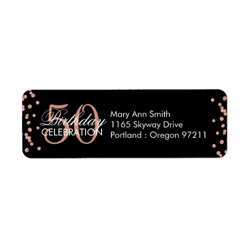 Rose Gold Black 50th Birthday Glitter Confetti Label