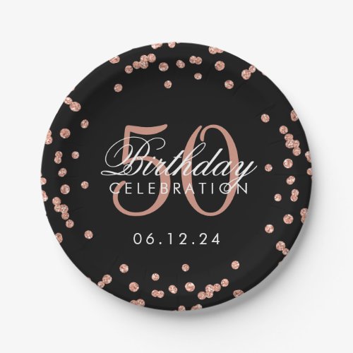 Rose Gold Black 50th Birthday Glitter Confetti Paper Plates