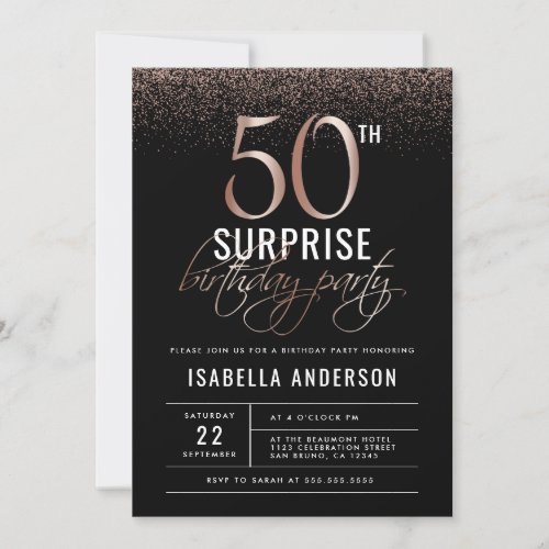 Rose Gold  Black 50th Surprise Birthday Party Invitation