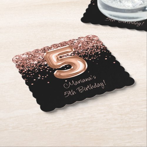  Rose Gold Black 5th Birthday Party Paper Coaster