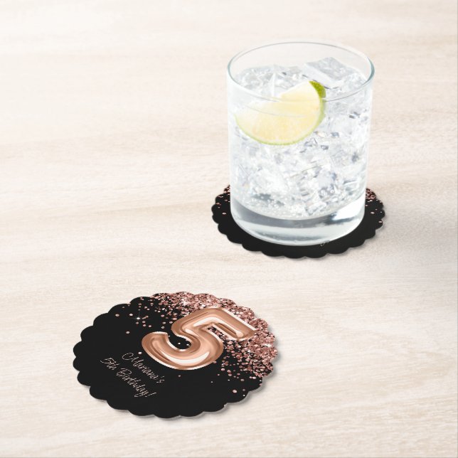  Rose Gold Black 5th Birthday Party Paper Coaster (Insitu)