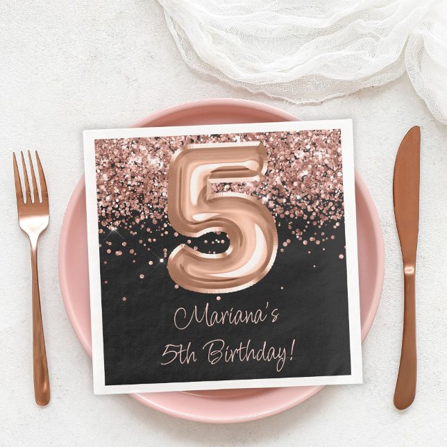  Rose Gold Black 5th Birthday Party Paper Dinner Napkins (Creator Uploaded)