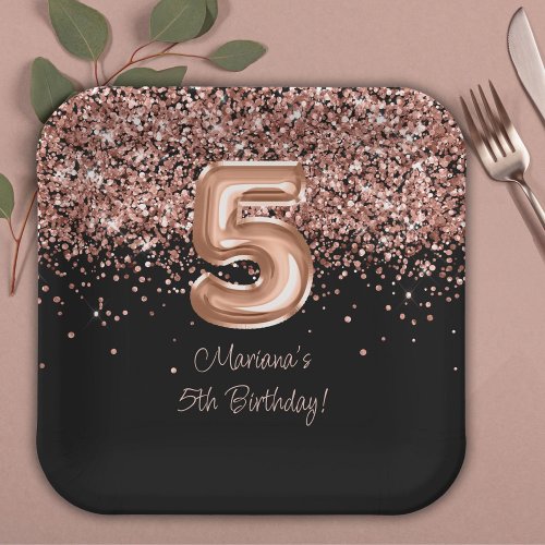  Rose Gold Black 5th Birthday Party Paper Plates