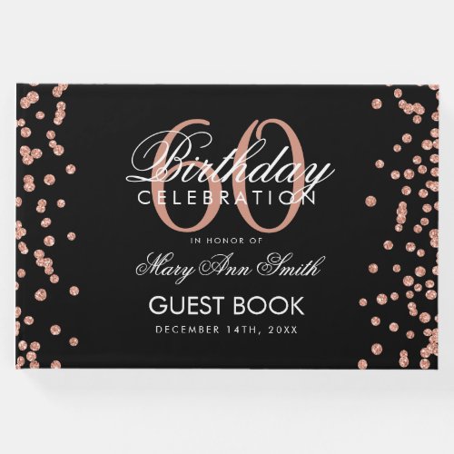 Rose Gold Black 60th Birthday Glitter Confetti Guest Book