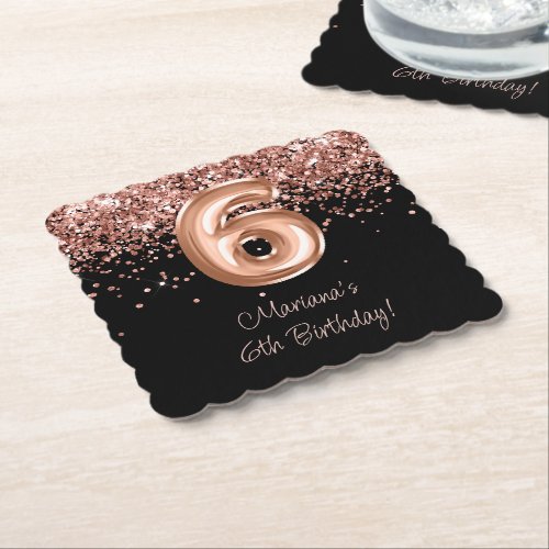  Rose Gold Black 6th Birthday Party Paper Coaster