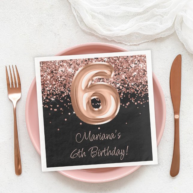  Rose Gold Black 6th Birthday Party Paper Dinner Napkins (Creator Uploaded)