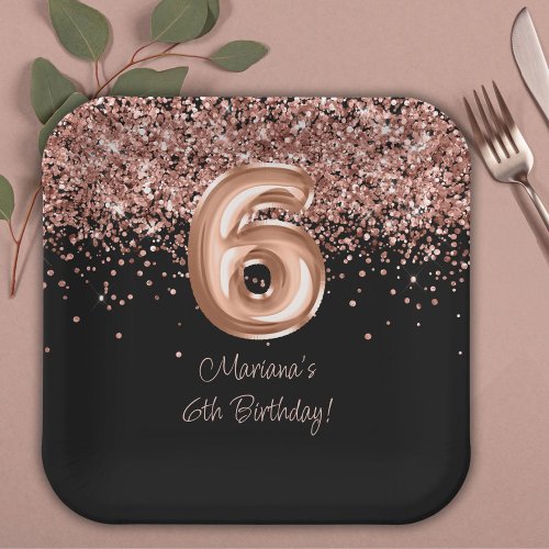  Rose Gold Black 6th Birthday Party Paper Plates