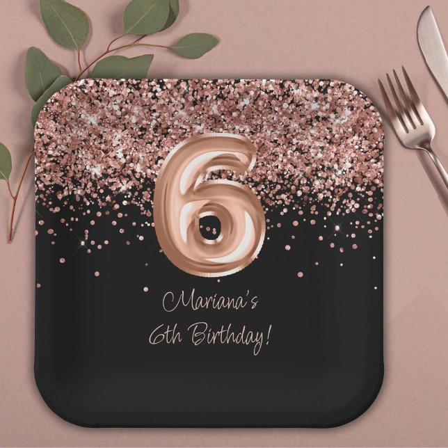  Rose Gold Black 6th Birthday Party Paper Plates (Creator Uploaded)