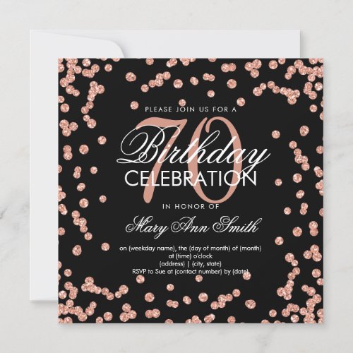 Rose Gold Black 70th Birthday Glitter Confetti Invitation