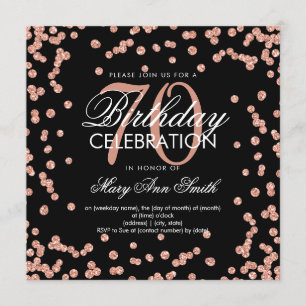 Rose Gold Black 70th Birthday Glitter Confetti Invitation
