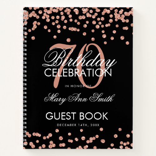 Rose Gold Black 70th Birthday Guestbook Confetti Notebook